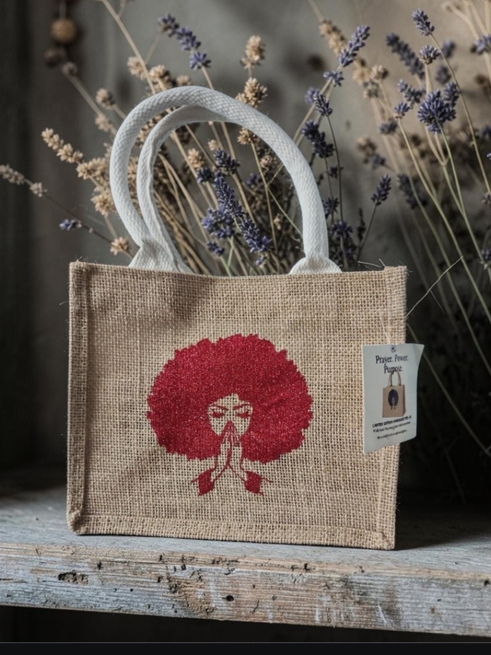 Afrocentric Lady Praying Jute Tote Bag NWT Limited Edition